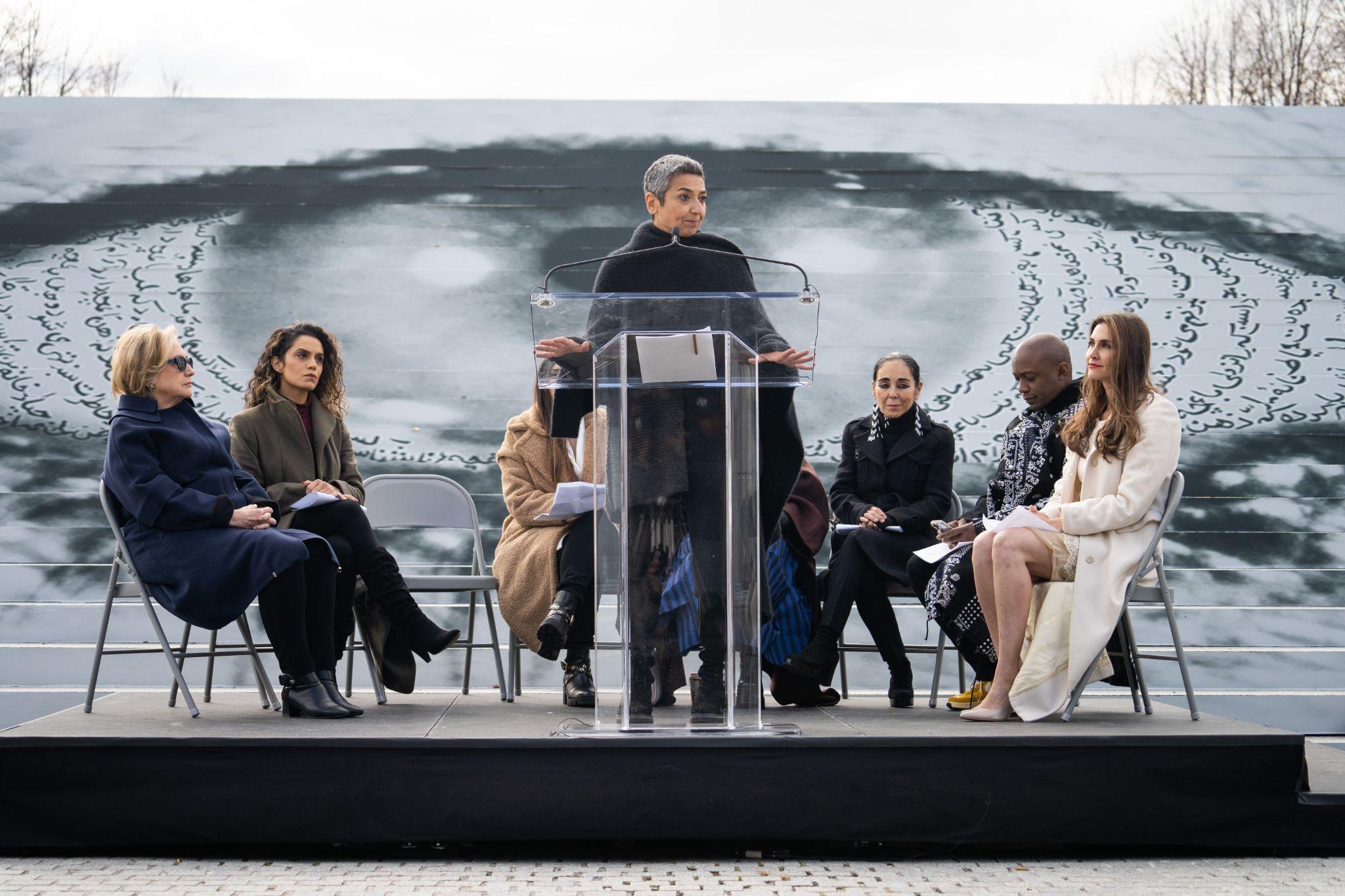 Zainab Salbi and, seated behind her. Hillary Rodham Clinton; Human Rights Lawyer and director of the Strategic Litigation Project at the Atlantic Council Gissou Nia; artists Sheida Soleimani and Shirin Neshat; Nazanin Afshin-Jam, and artist and activist Sepideh Moafi. Photo by Austin Paz. Courtesy For Freedoms.