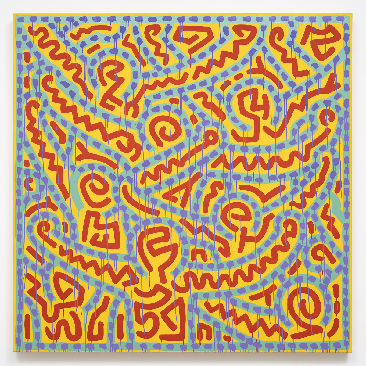 A yellow and red square painting with blue and yellow lines and spirals
AI-generated content may be incorrect.
