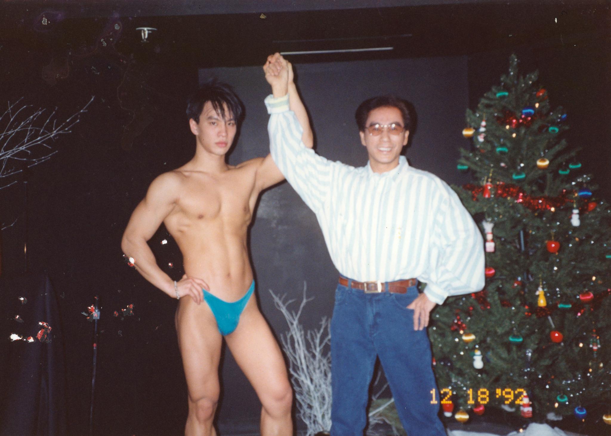 Alan Chow with Go-Go boy, 1992. Scanned and edited by Yukai Chen. Chinese American Arts Council Archives.