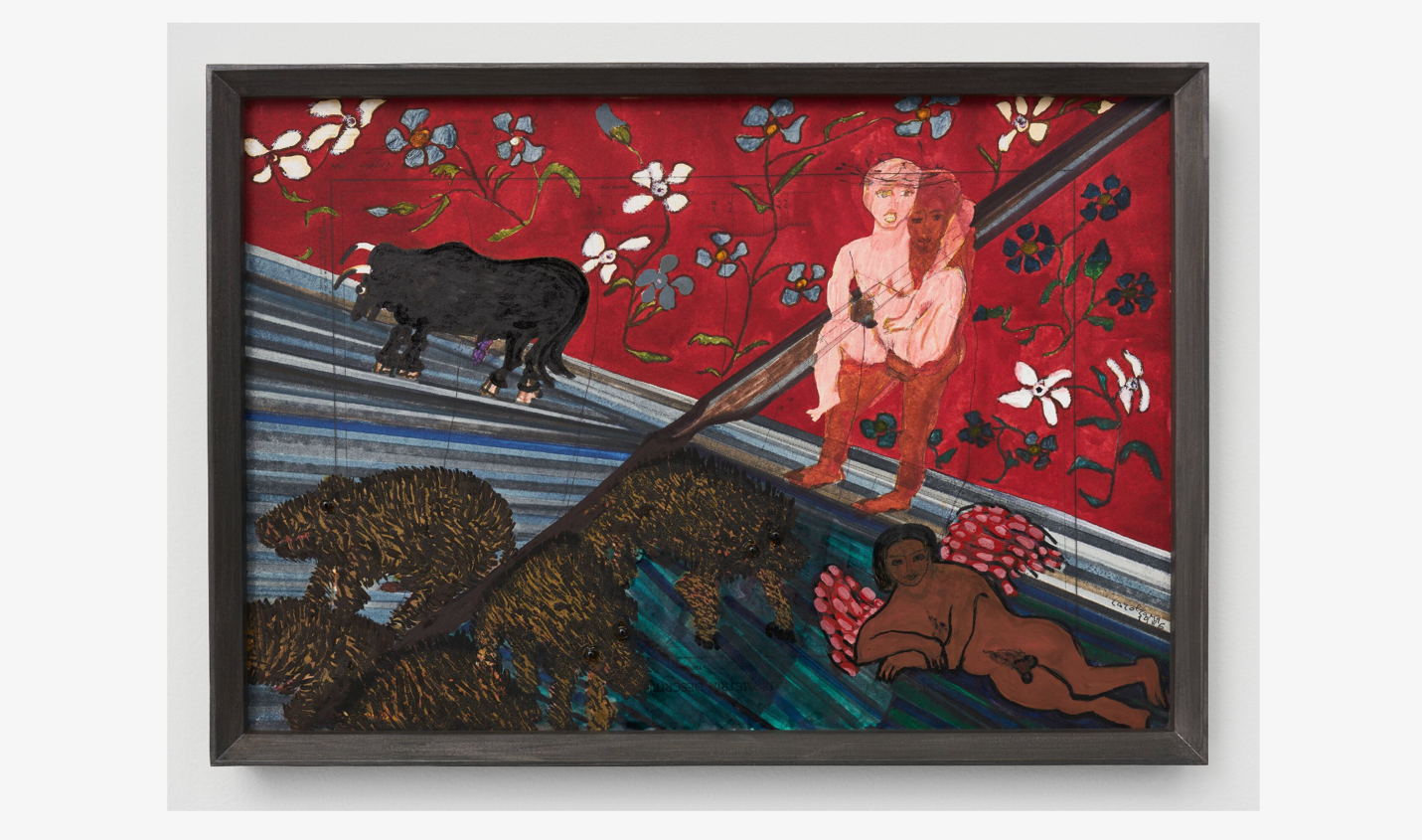 A painting of animals and a bullDescription automatically generated